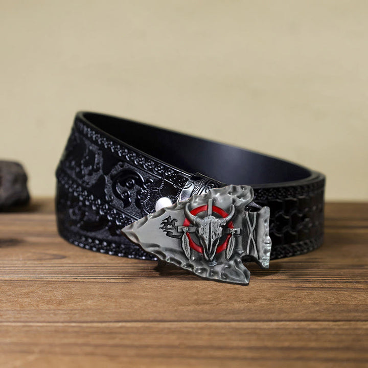 Men's DIY Arrowhead Shaped Bull Buckle Leather Belt