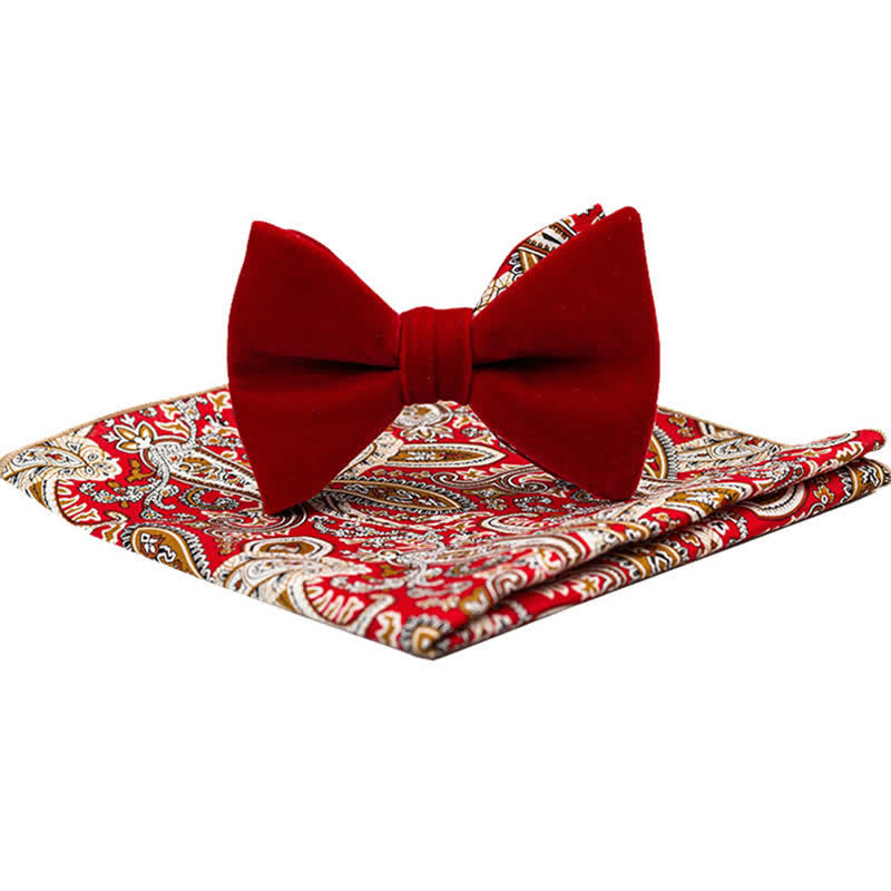 2Pcs Men's Cotton Paisley Velvet Bow Tie Set