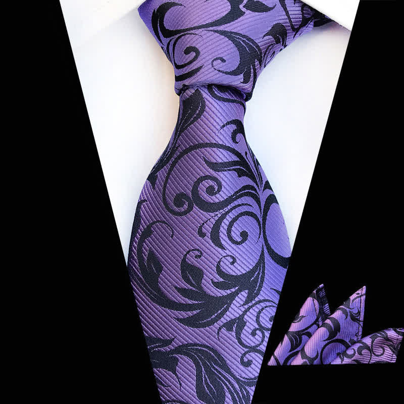 2Pcs Men's Plant Swirl Floral Necktie Set - Violet - image 12