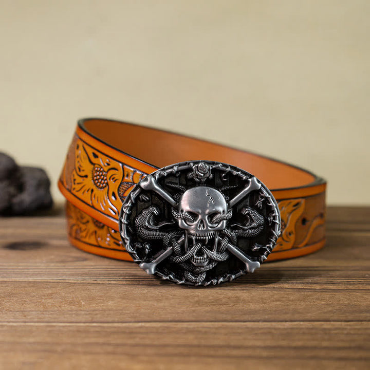 Men's DIY Gothic Cross Skull Snake Buckle Leather Belt