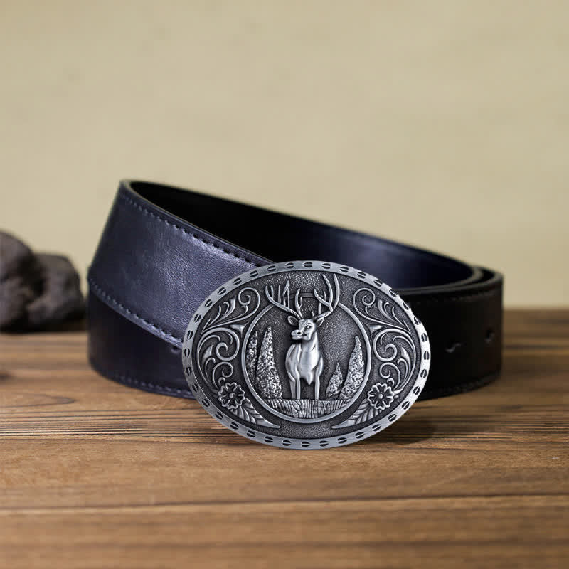 Men's DIY Forest Deer Oval Buckle Leather Belt