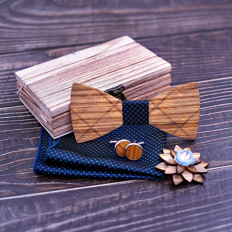 4Pcs Men's Classic Plaids Wooden Bow Tie Set