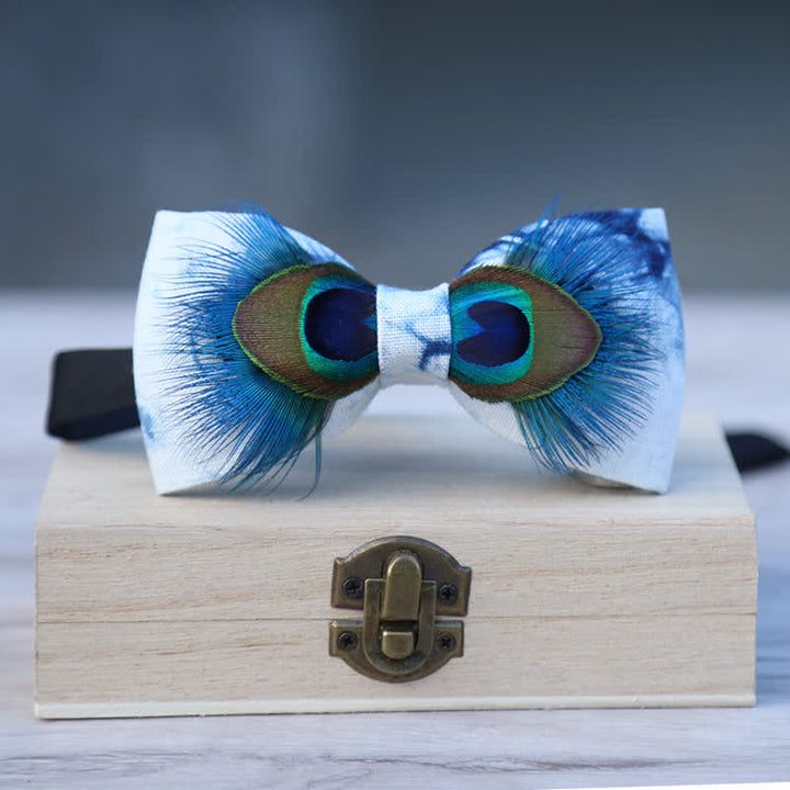 Blue & White Dye Eye Peacock Feather Bow Tie