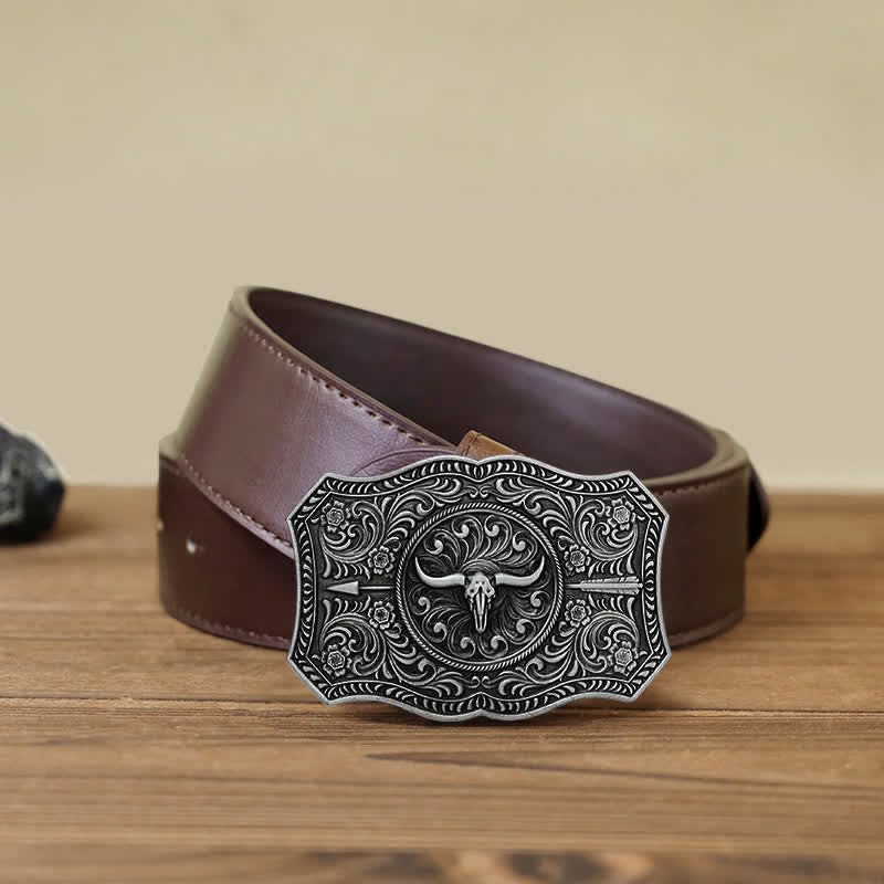 Men's DIY Long Horn Bull Arrow Buckle Leather Belt