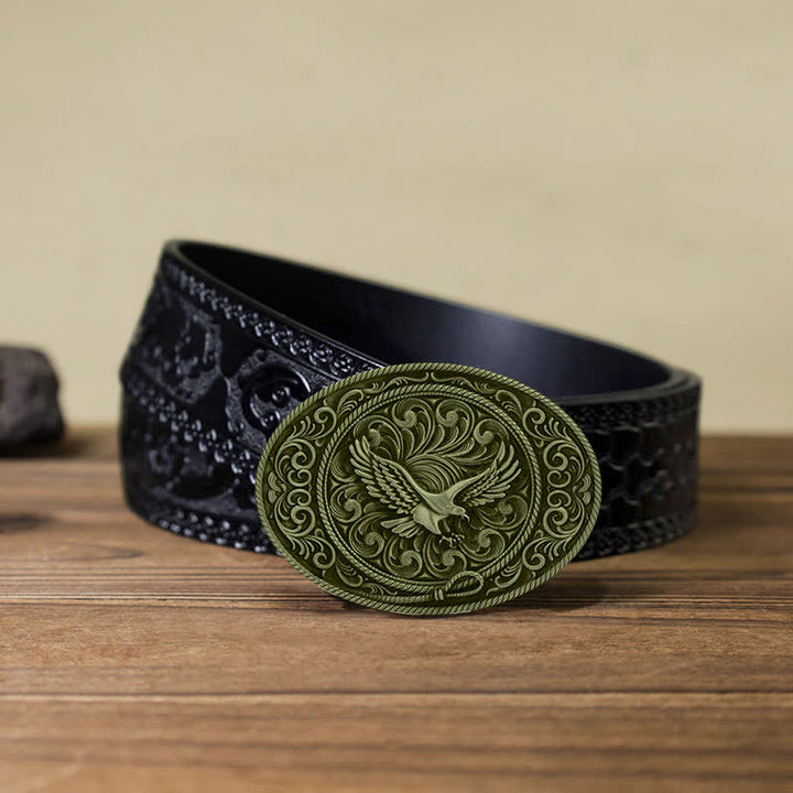 Men's DIY Soaring Eagle Engraved Floral Buckle Leather Belt