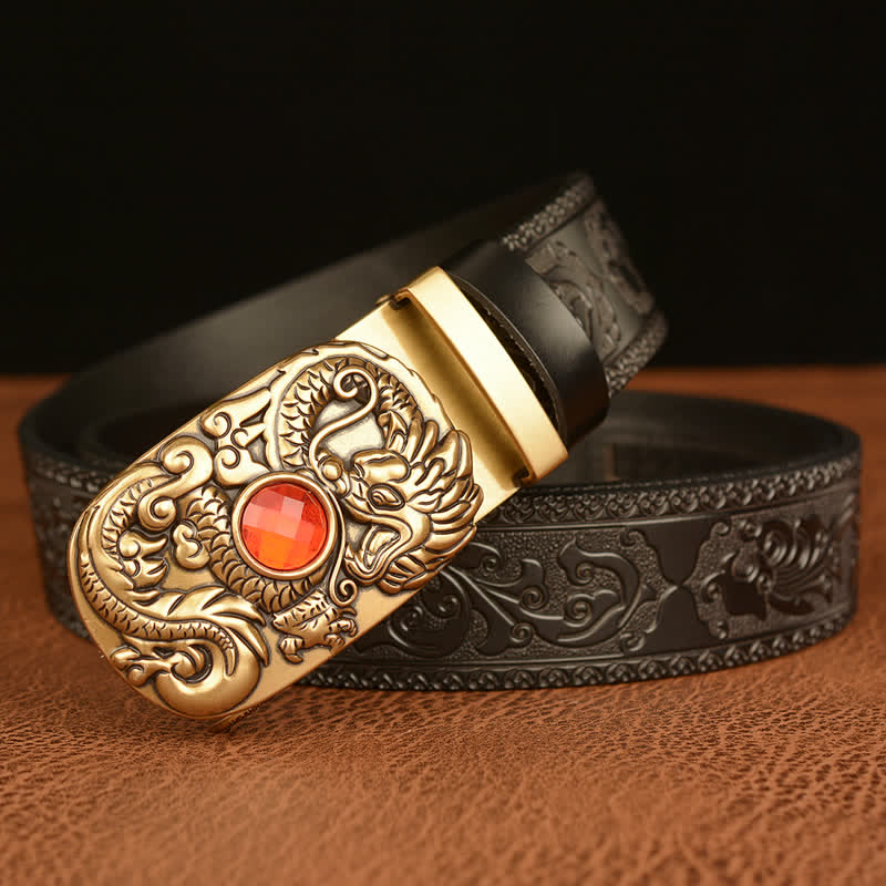 Men's Engraved Dragon Gemstone Leather Belt