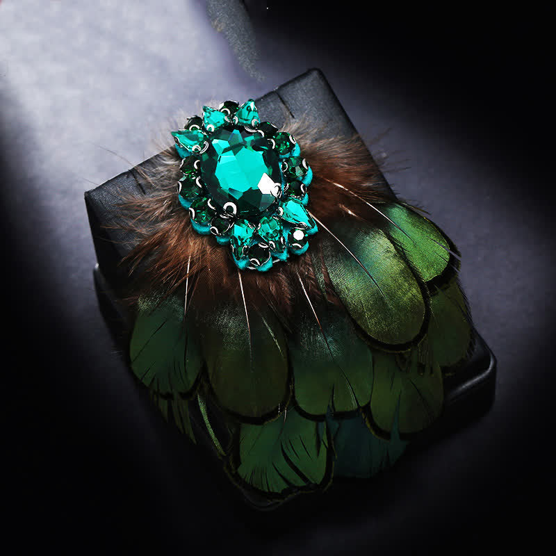 Women's Dark Green Crystal Feather Brooch