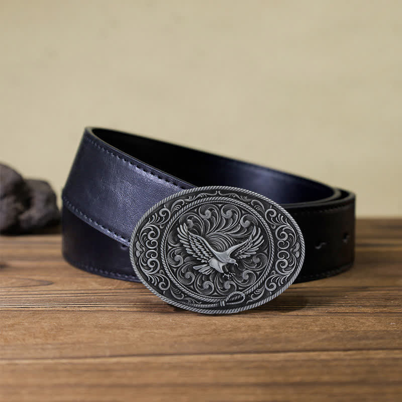 Men's DIY Soaring Eagle Engraved Floral Buckle Leather Belt