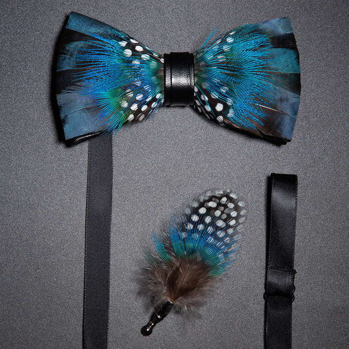 Blue & Black Peacock Feather Bow Tie with Lapel Pin