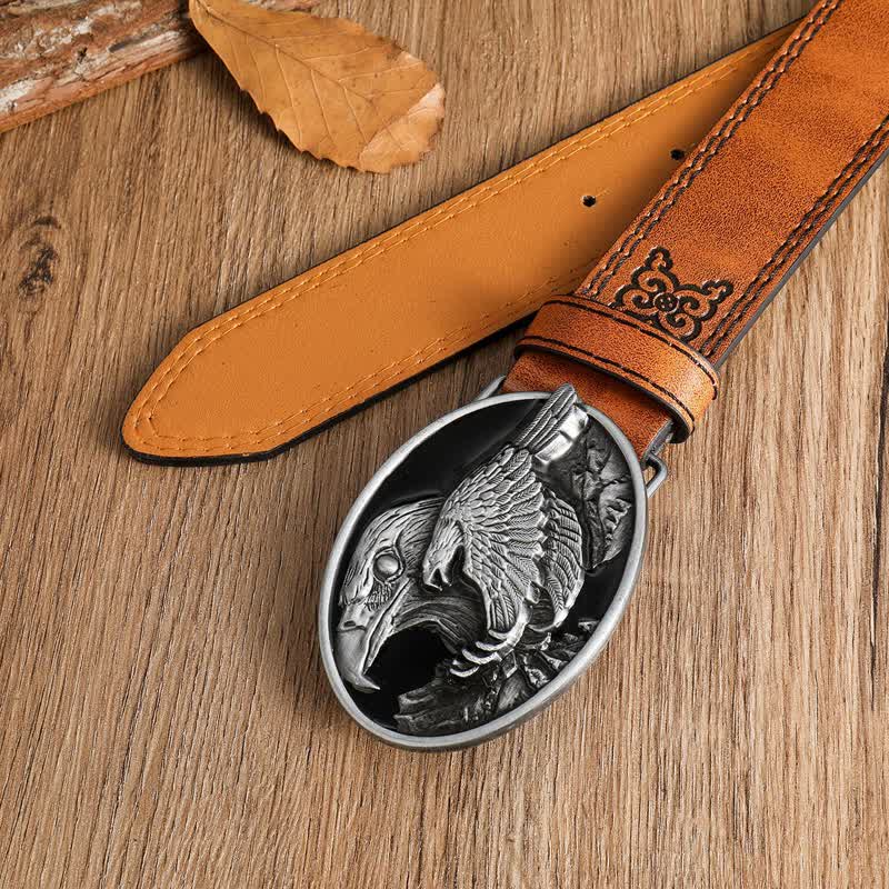 Men's Carved Bald Hawk Eagle Buckle Leather Belt