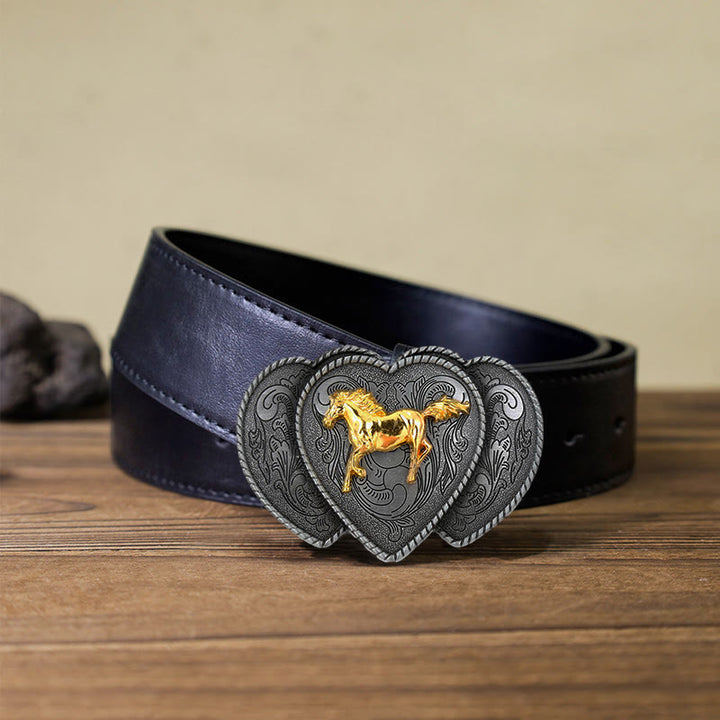 Men's DIY Horse Triple Heart Shaped Buckle Leather Belt