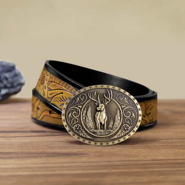 Men's DIY Forest Deer Oval Buckle Leather Belt - Antique Bronze - SandyBrown Belt (40) - image 21