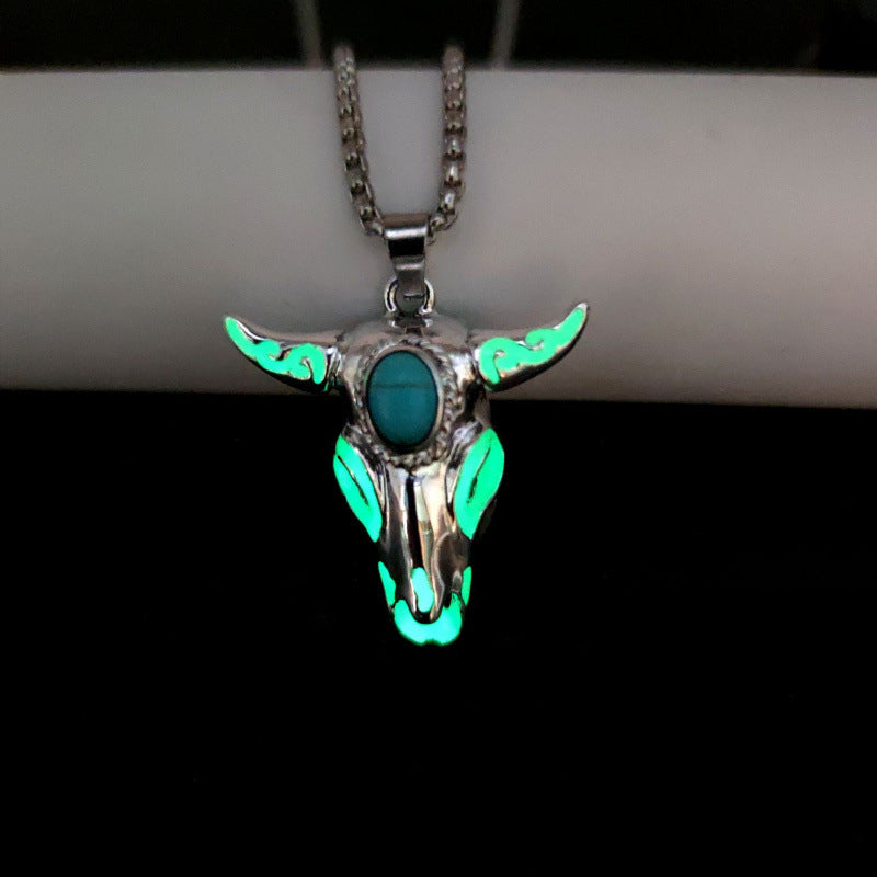 Men's Vintage Western Glow in the Dark Bull Skull Necklace - Green - image 5