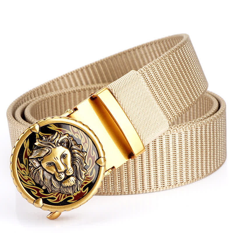 Men's Practical Lion Head Pattern Nylon Belt - Beige / Gold - 48" - image 13