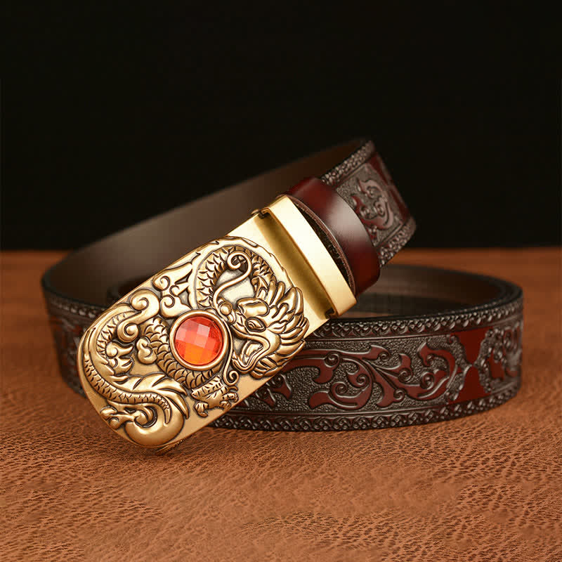 Men's Engraved Dragon Gemstone Leather Belt