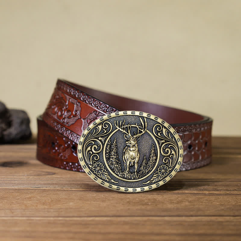 Men's DIY Deer Hunter American Flag Buckle Leather Belt