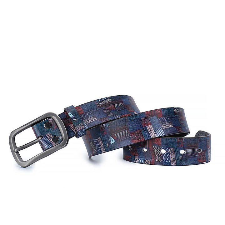 Navy Blue Splicing Graffiti Pattern Genuine Leather Belt