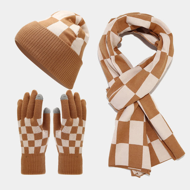 3Pcs Unisex Checkerboard Plaid Hat Scarf Gloves Set