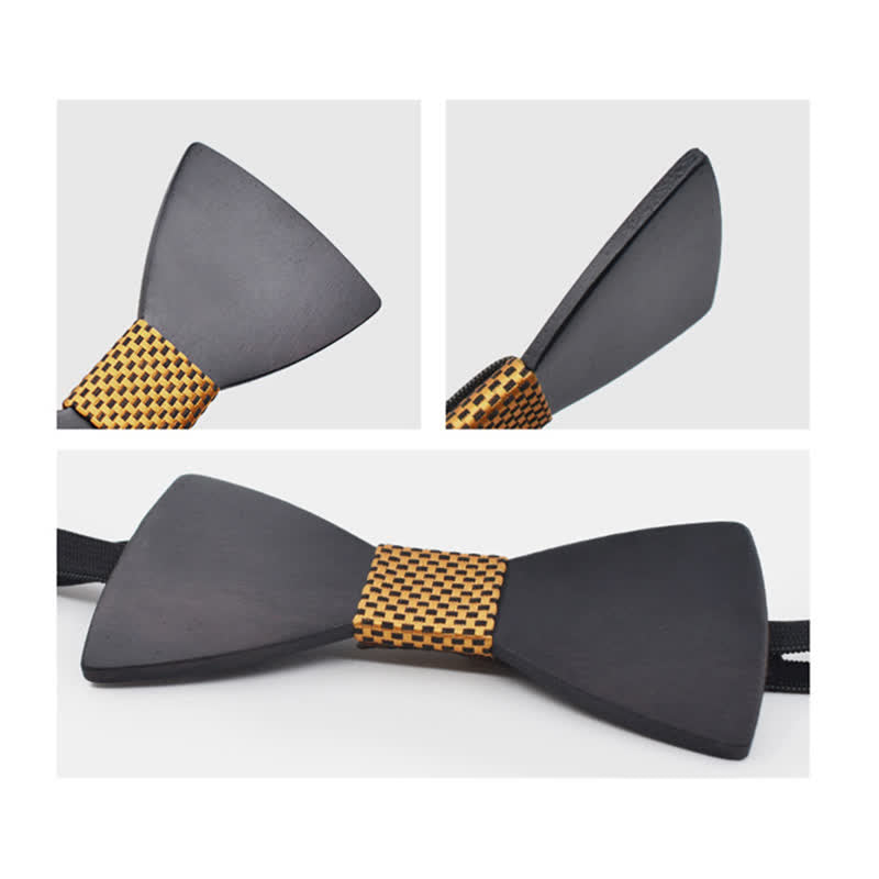 2Pcs Men's Black Wooden Bow Tie Cufflinks Set