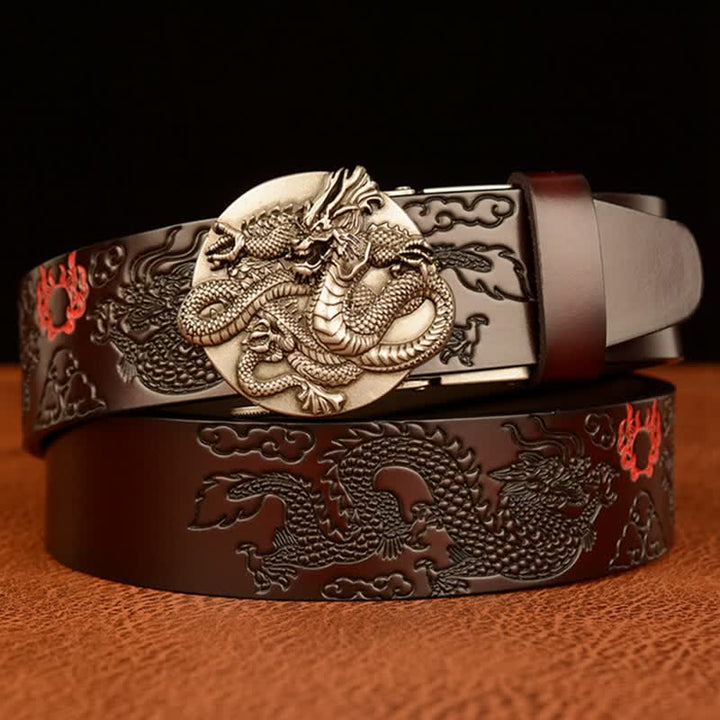 Men's Flame Dragon Round Automatic Buckle Leather Belt