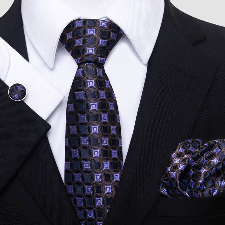 3Pcs Men's Purple & Brown Geometric Necktie Set