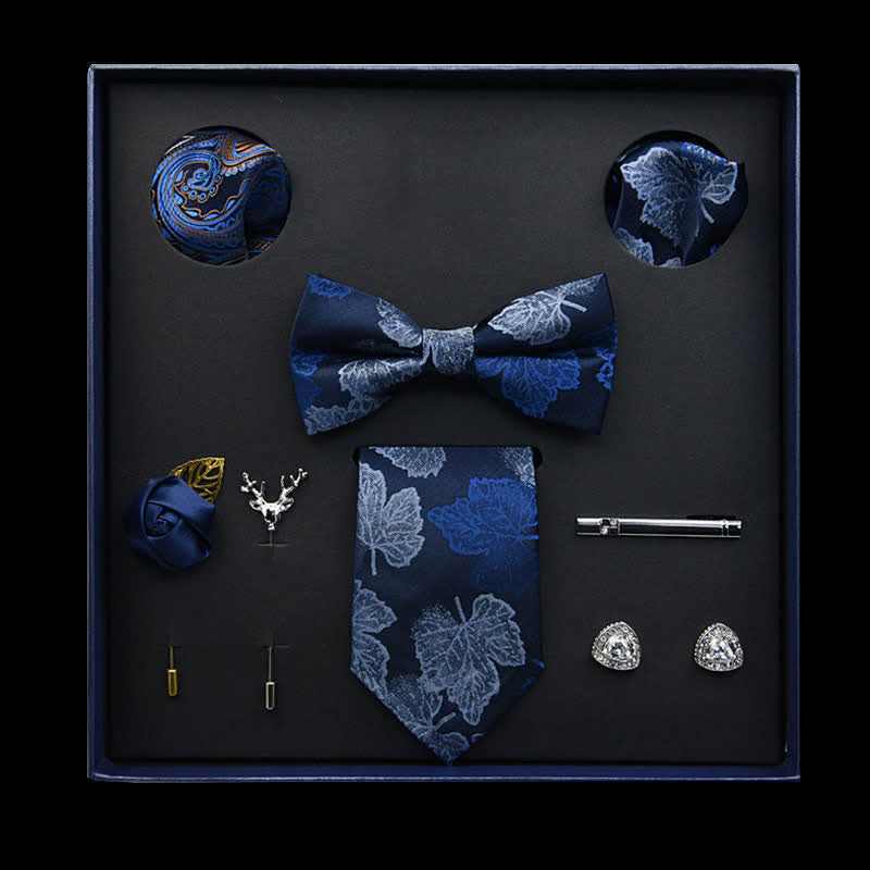 8Pcs MidnightBlue Vintage Leaf Necktie Bow Ties Gift Box - MidnightBlue - image 0