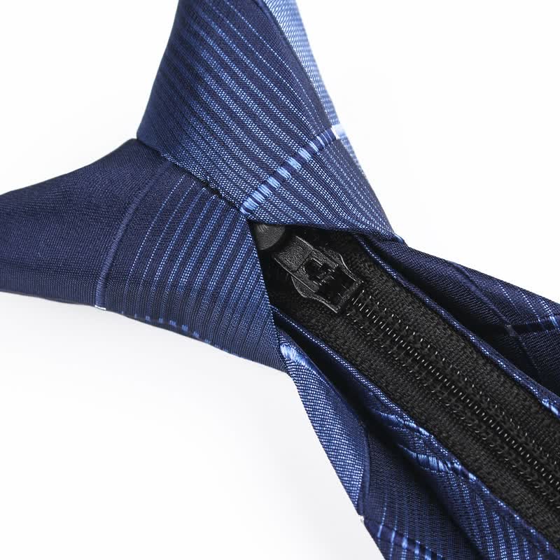 Men's Gradient Navy Blue Zipper Tie Plaid Necktie