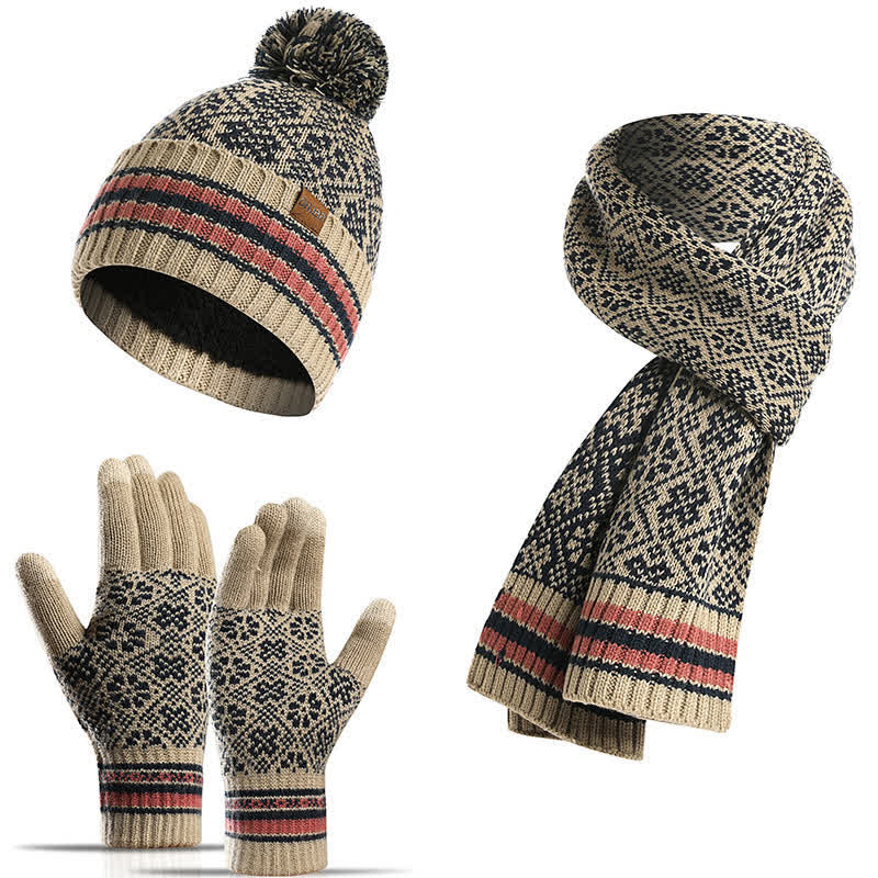 3Pcs Unisex Snowflake Hat Scarf Touchscreen Gloves Set