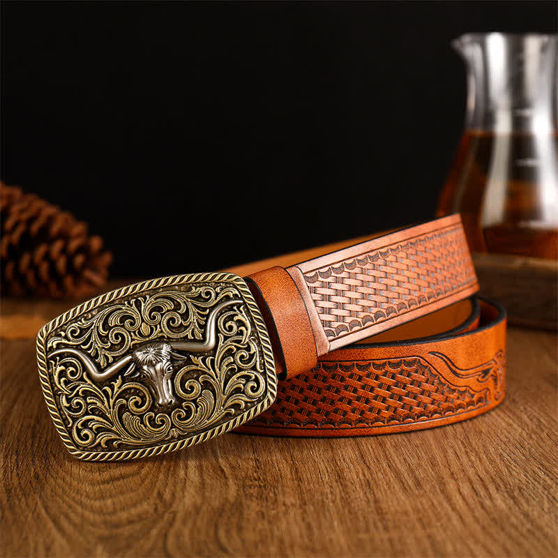 Men's Flower Square Bull Buckle Leather Belt - Yellowish-Brown / Gold #1 - 38 - image 2