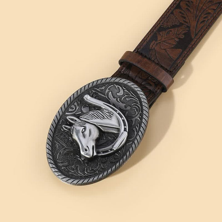 Men's Horse Head Brown Embossed Pattern Leather Belt