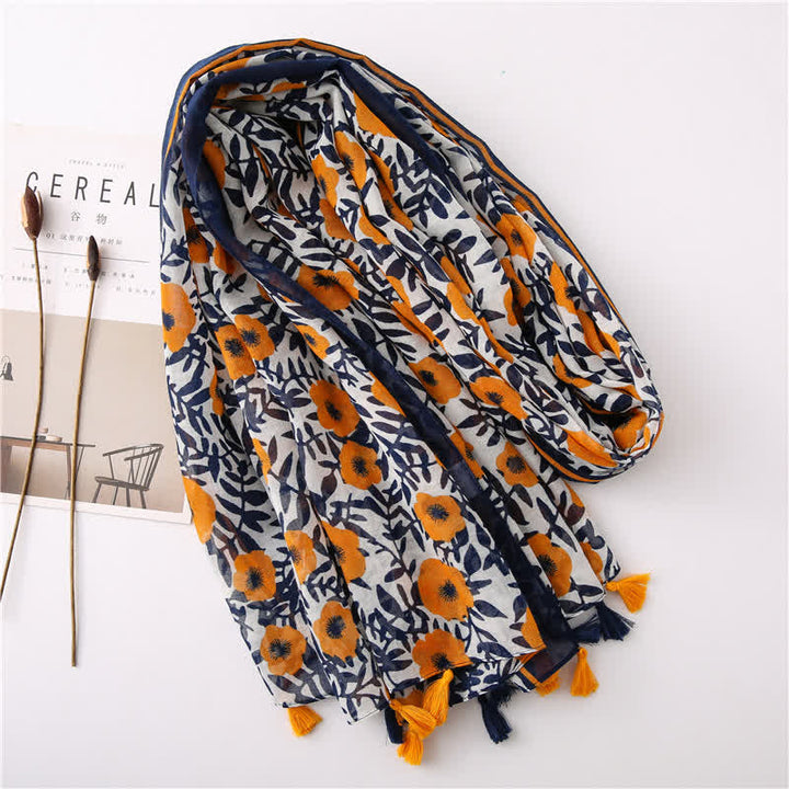 Women's Bohemian Print Floral Tassel Scarf