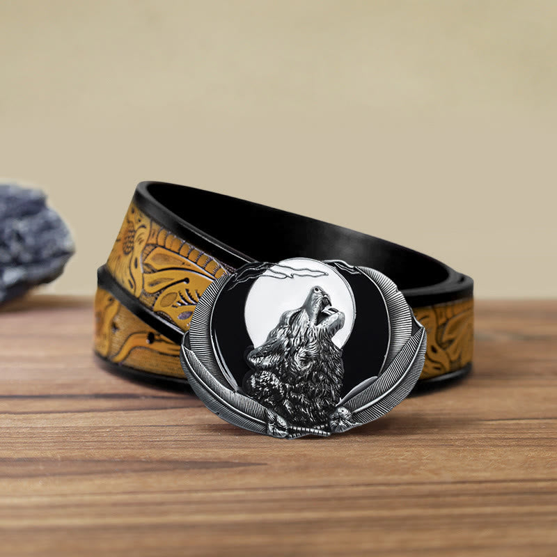 Men's DIY Howling Wolf Moon Oval Buckle Leather Belt