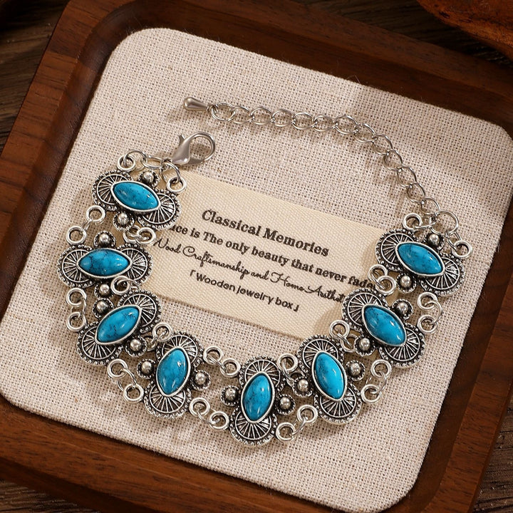 Vintage Boho Marquise Turquoise Antique Silver Carved Link Bracelet - Blue - image 5
