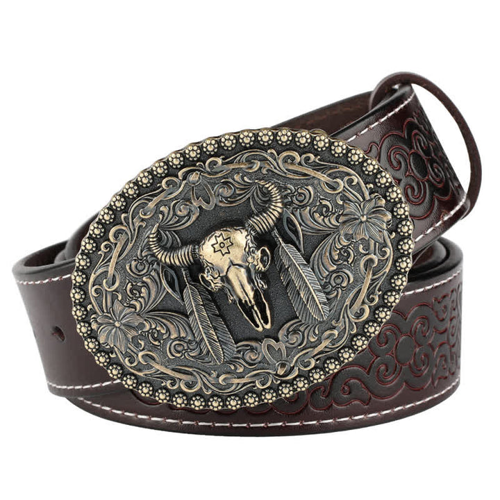 Men's Engarved Feather Bull Jeans Leather Belt