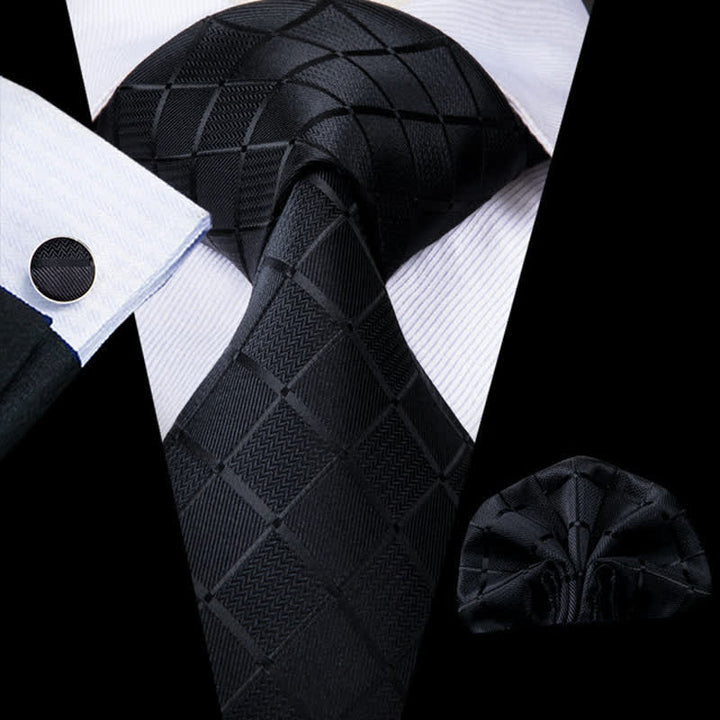 3Pcs Men's Black Business Plaid Necktie Set