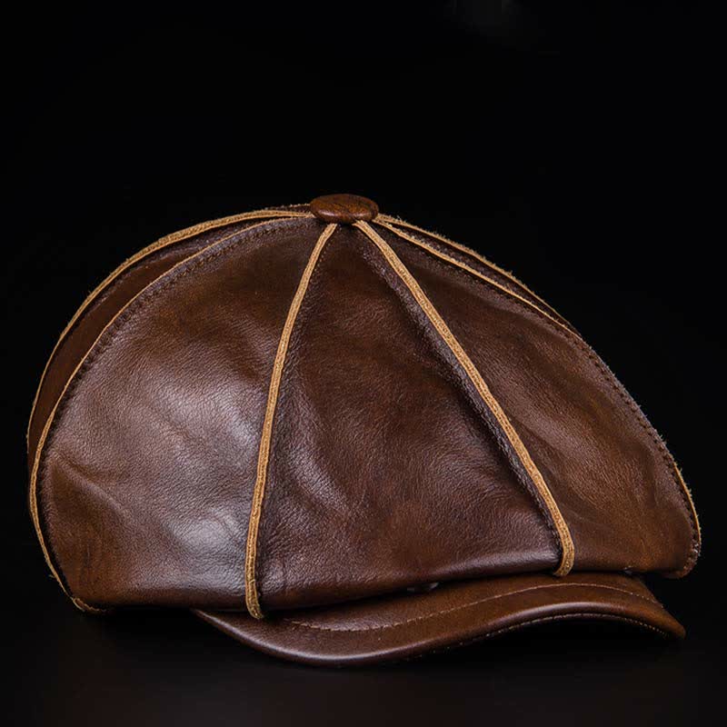 Literary Octagonal Genuine Leather Beret Cap