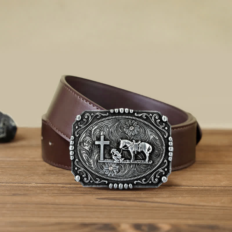 Men's DIY Horse Cross Kneeling Prayer Buckle Leather Belt