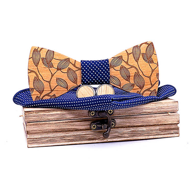 3Pcs Men's Leaf Patterned Wooden Bow Tie Set