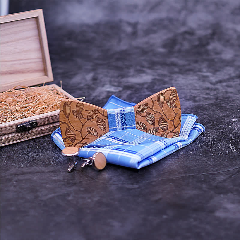 3Pcs Men's Leaf Patterned Wooden Bow Tie Set