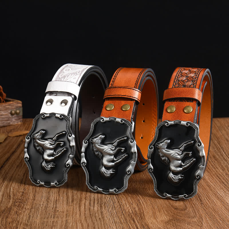 Men's Black Silver Running Horse Leather Belt - image 1
