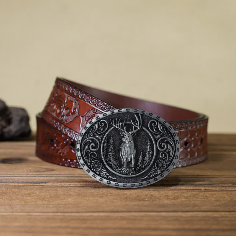 Men's DIY Deer Hunter American Flag Buckle Leather Belt