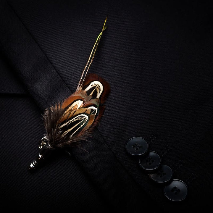 Kid's Brown Pheasant Feather Bow Tie with Lapel Pin