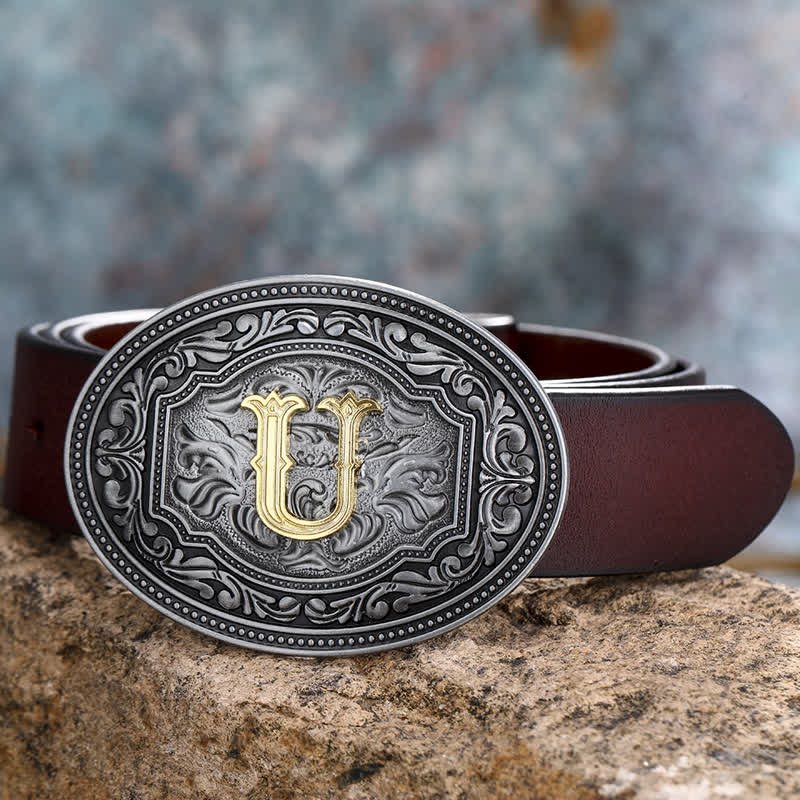 DIY Unisex Hip Hop Initial Letter Embossment Buckle Leather Belt