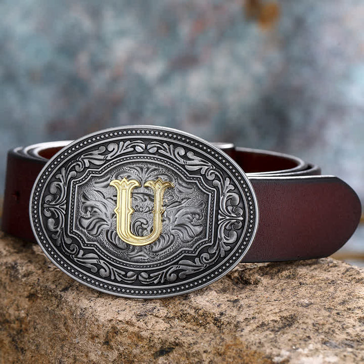 DIY Unisex Hip Hop Initial Letter Embossment Buckle Leather Belt