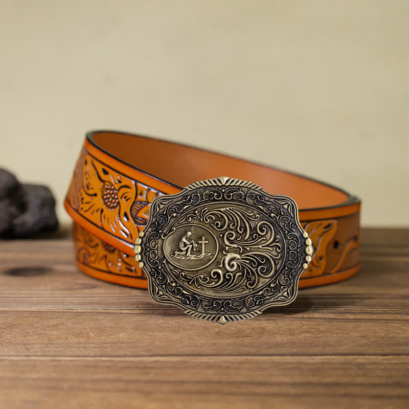 Men's DIY Engraved Floral Earnest Prayer Buckle Leather Belt