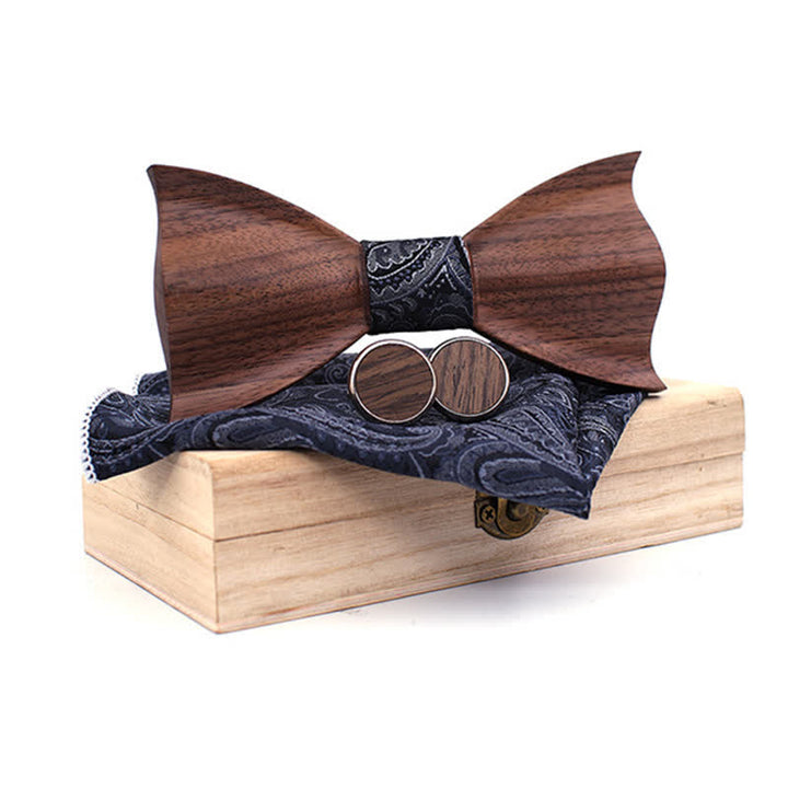 3Pcs Men's 3D Black Walnut Wooden Bow Tie Set