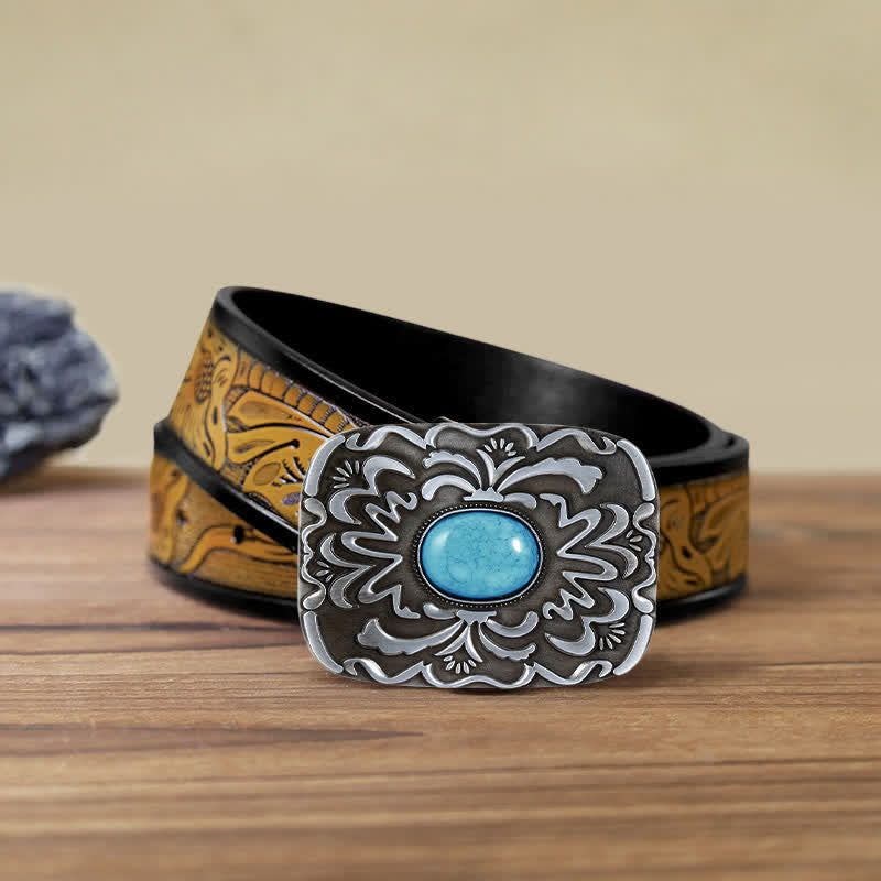 Men's DIY Turquoise Stone Flower Buckle Leather Belt