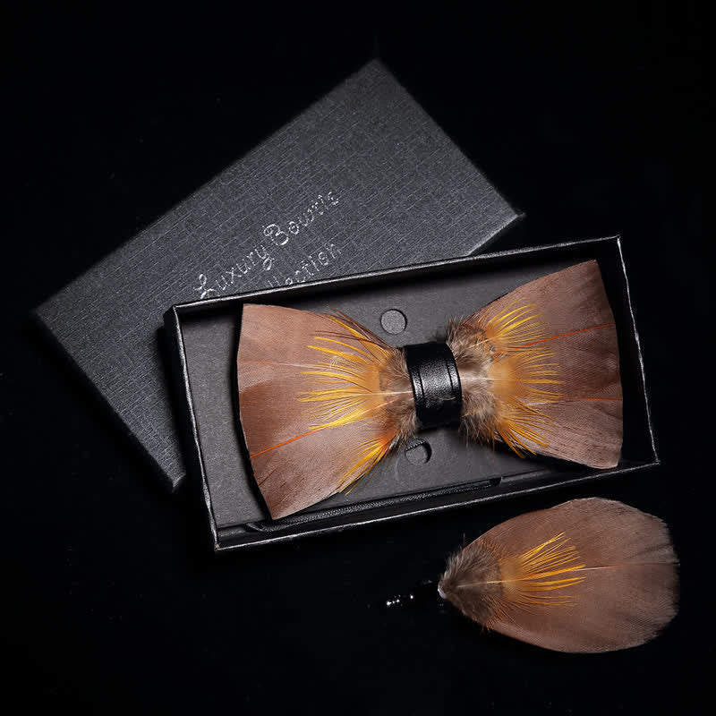 Sienna & Yellow Nature Feather Bow Tie with Lapel Pin