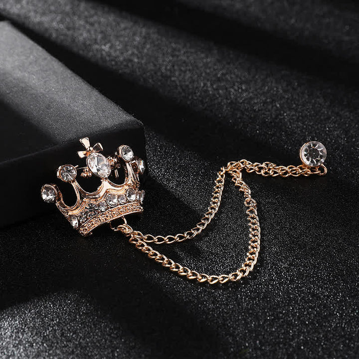 Men's Retro Crown Chain Rhinestones Brooch - Gold & White - image 4