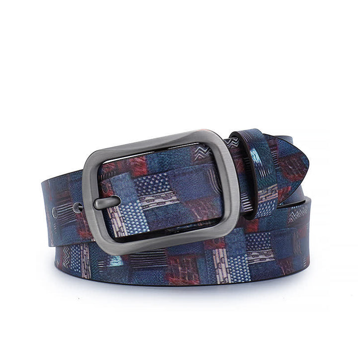 Navy Blue Splicing Graffiti Pattern Genuine Leather Belt